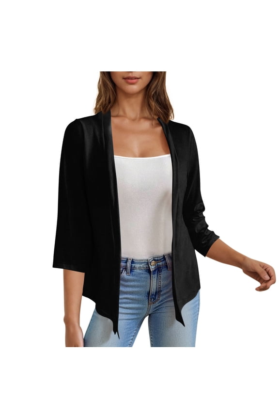 Womens Blouses Summer Tops for Women Open Front Cardigan Three Quarter Sleeve Lightweight Blazer Casual Work Office Summer Top,Black