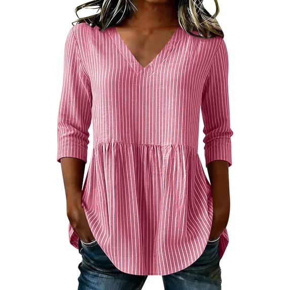 Tbopshirt Womens Blouses Summer Tops for Women Stripe Round Neck Three Quarter Sleeve 3/4 Sleeve T-shirt Loose,Red