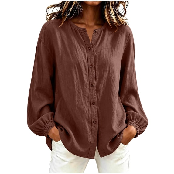 Tbopshirt Womens Blouses Tops for Women Fashion Solid Color Summer Long Sleeve Imitation Linen Button Neckline Closing Blouse
