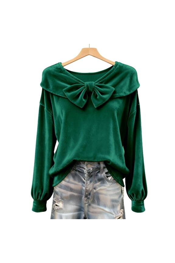 Womens Blouses V Neck Sweet Gold Velvet Bow Long Sleeve Valentine's Day Tops Green,S