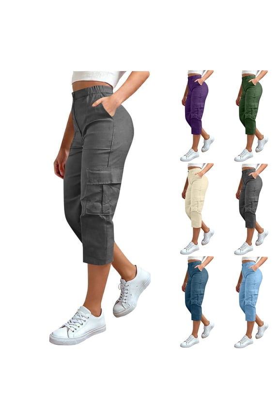 Womens Capri Pants Cargo Pants Plus Size Button Zip Multi Flap Pocket Elastic High Waist Cropped Trousers for Hiking Outdoor Casual Daily Wear Casual Work Clothes,Beige,S-5XL