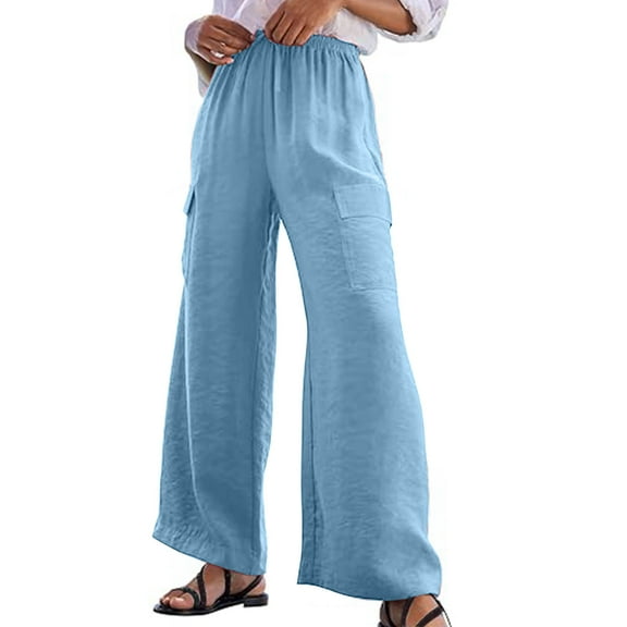 Tbopshirt Womens Casual Pants,Women's Wide Leg Beach Pants Drawstring Elastic Waist Loose Trousers with Big Pockets,Plus Size Pants for Women
