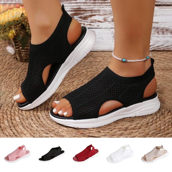 Tbopshirt Womens Comfort Sandals Summer Plus Size Wedge Sandals Open Toe Knitted Mesh Hollow-Out Breathable Trendy Solid Color Lightweight Beach Wedge Heel Sandals Vacation