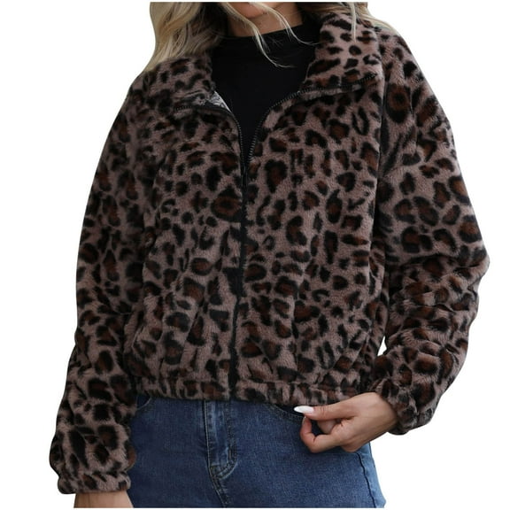 Tbopshirt Womens Fleece Jackets Coats Clearance,Fleece Cardigans for Women,Casual Trend Leopard Print Short Plush Jacket,Fuzzy Fleece Cardigan Jackets Women