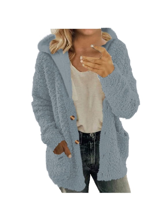 Womens Fleece Jackets Coats,Fleece Cardigans for Women,Women Hooded Sweater Coat Winter Warm Wool Zipper Coat Long Sleeve Outwear,Fuzzy Fleece Cardigan Jackets Women