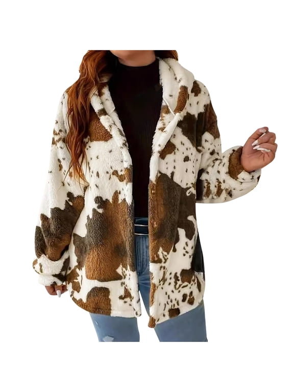 Womens Fleece Jackets Coats,Fleece Cardigans for Women Winter Long Sleeved Hooded Warm Plush Jacket with Cow Print Zipper Sweatshirt,Fuzzy Fleece Cardigan Jackets Women