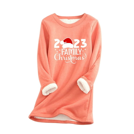 Tbopshirt Womens Hoodless Sweatshirts,Plus Size Essential Crewneck Sweatshirts Christmas Women's Round Neck Pocket Thickened Plush Warm Long Sleeve Tops