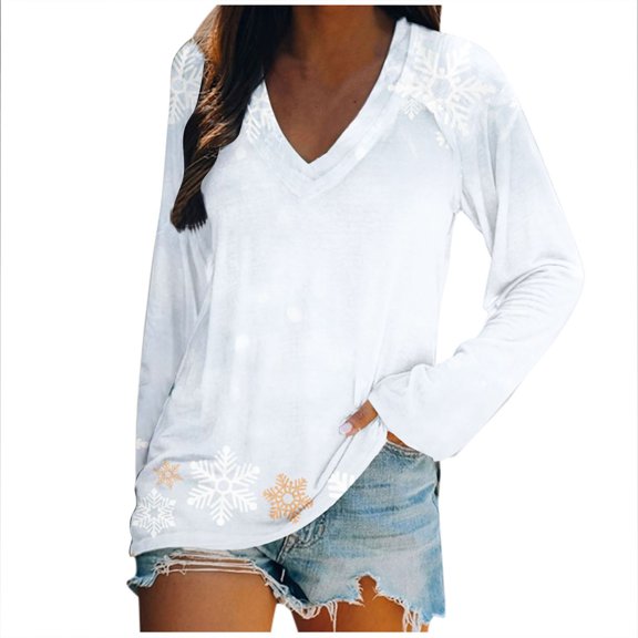 Tbopshirt Womens Hoodless Sweatshirts,Plus Size Essential Crewneck Sweatshirts Ladies V Neck Loose Tops Casual Christmas Print T-Shirts Long Sleeve Blouse