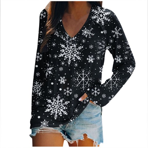Tbopshirt Womens Hoodless Sweatshirts,Plus Size Essential Crewneck Sweatshirts Ladies V Neck Loose Tops Casual Christmas Print T-Shirts Long Sleeve Blouse