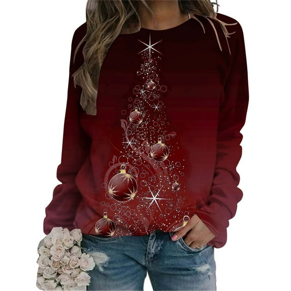 Tbopshirt Womens Hoodless Sweatshirts,Plus Size Essential Crewneck Sweatshirts Long Sleeve Christmas Print Splicing Round Neck Pullover Shirt T-Shirt Tops