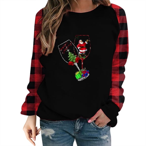 Tbopshirt Womens Hoodless Sweatshirts,Plus Size Essential Crewneck Sweatshirts Long Sleeve Plaid Christmas Print Splicing Round Neck Pullover T-Shirt Tops
