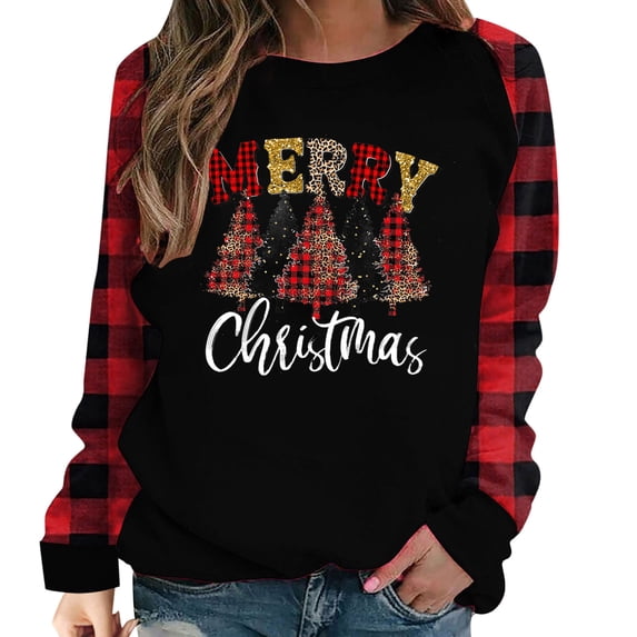 Tbopshirt Womens Hoodless Sweatshirts,Plus Size Essential Crewneck Sweatshirts Long Sleeve Plaid Christmas Print Splicing Round Neck Pullover T-Shirt Tops