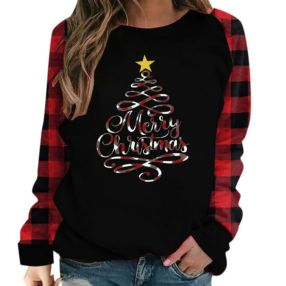 Tbopshirt Womens Hoodless Sweatshirts,Plus Size Essential Crewneck Sweatshirts Long Sleeve Plaid Christmas Print Splicing Round Neck Pullover T-Shirt Tops