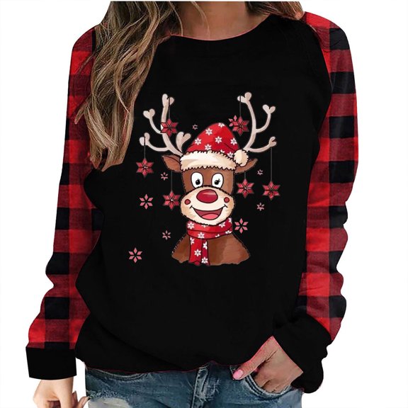 Tbopshirt Womens Hoodless Sweatshirts,Plus Size Essential Crewneck Sweatshirts Long Sleeve Plaid Christmas Print Splicing Round Neck Pullover T-Shirt Tops