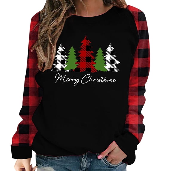 Tbopshirt Womens Hoodless Sweatshirts,Plus Size Essential Crewneck Sweatshirts Long Sleeve Plaid Christmas Print Splicing Round Neck Pullover T-Shirt Tops