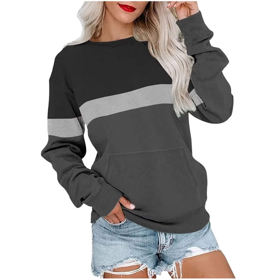 Tbopshirt Womens Hoodless Sweatshirts,Plus Size Essential Crewneck Sweatshirts Women's Fashion Solid Loose Round-Neck Long Sleeve Pocket Blouse Sweater Tops