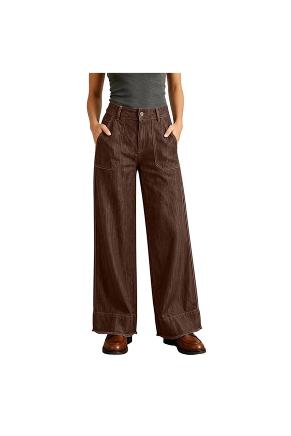 Womens Jeans Pants for Women Button Zip Fly Patch Pocket Wide Leg Plus Size Denim Pants Raw Cuff Hem High Waist Casual Jeans for Daily Outfit,Coffee,M-XXXL