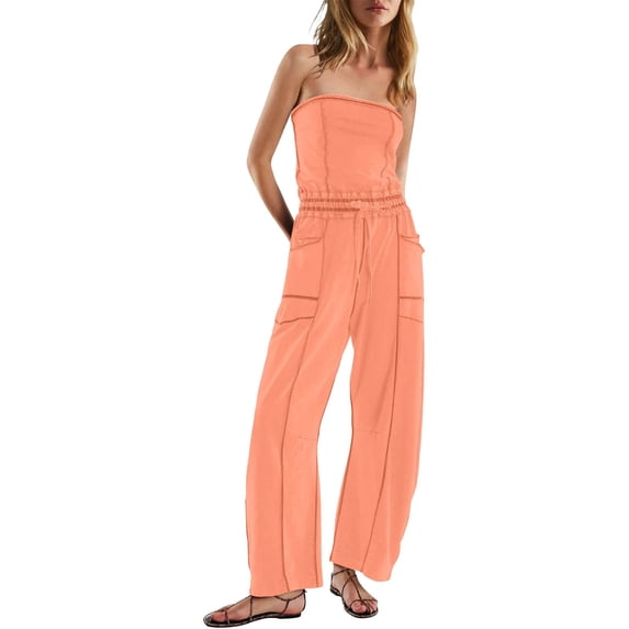 Tbopshirt Womens Jumpsuits Summer Strapless Casual Off the Shoulder Loose Romper with Pockets Drawstring