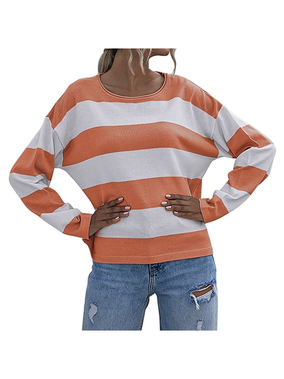 Womens Striped Sweater,Fall Sweaters for Women,Fashion Round Neck Long Sleeve Knitted Sweater