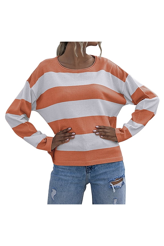 Womens Striped Sweater,Fall Sweaters for Women,Fashion Round Neck Long Sleeve Knitted Sweater