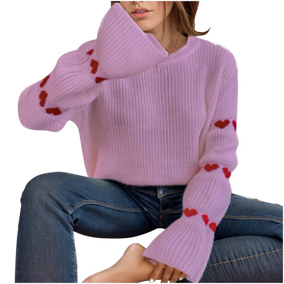 Tbopshirt Womens Sweaters,Fall Knitted Sweaters for Women,Casual Sweater Heart Pullover Round Neck Sweater,Pullover Tops