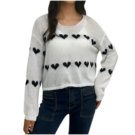 Tbopshirt Womens Sweaters Clearance Under $5,Fall Sweaters for Women,Casual Solid Color Heart Stripe Short Pullover Loose Sleeve Knitted Sweater,Pullover Tops up to 40% off Fashion