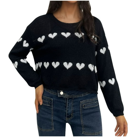 Tbopshirt Womens Sweaters Clearance Under $5,Fall Sweaters for Women,Casual Solid Color Heart Stripe Short Pullover Loose Sleeve Knitted Sweater,Pullover Tops up to 40% off Fashion