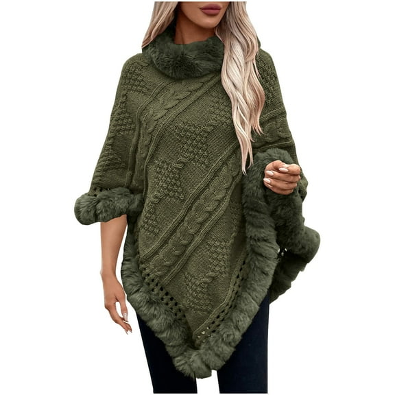 Tbopshirt Womens Sweaters,Fall Sweaters for Women,Cowl Neck Solid Color Long Hook Flower Hollow Irregular Tassel Shawl Knitted Sweater