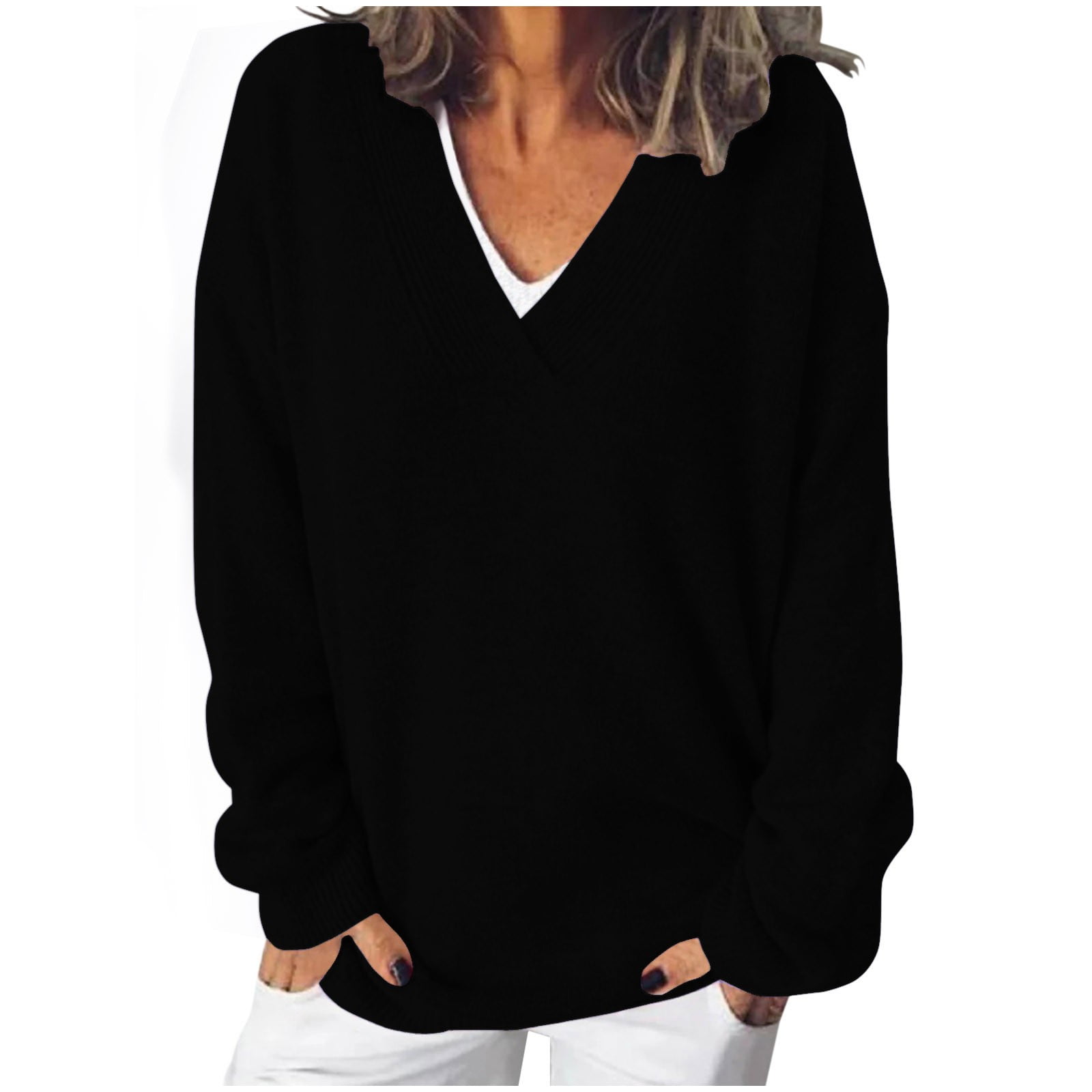 Tbopshirt Womens Sweaters,Fall Sweaters for Women,Knitted Top with V-neck Pullover Worn Over Sweater Long Sleeved Solid Color,Pullover Tops
