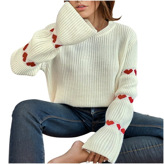 Tbopshirt Womens Sweaters,Fall Knitted Sweaters for Women,Casual Sweater Heart Pullover Round Neck Sweater,Pullover Tops