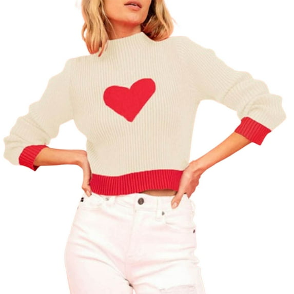 Tbopshirt Womens Sweaters,Fall Knitted Sweaters for Women,Cowl Neck Long Sleeved Half High Neck Heart-shaped Color Blocked Knit Sweater Top