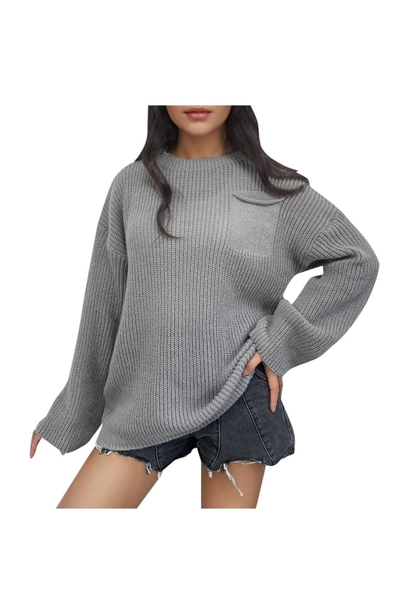 Womens Sweaters,Fall Sweaters for Women,Casual Pocket Solid Color Long Sleeved Loose Top Round Neck Sweater
