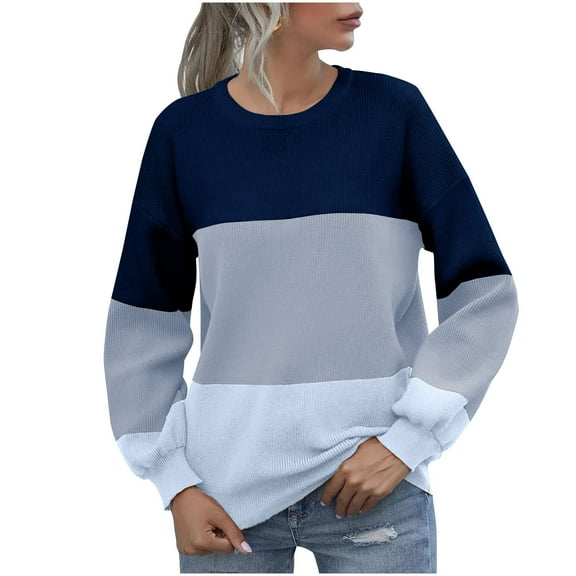 Tbopshirt Womens Sweaters,Fall Sweaters for Women,Comfortable Casual Round Neck Contrasting Long Sleeved Pullover Knitted Sweater,Pullover Tops