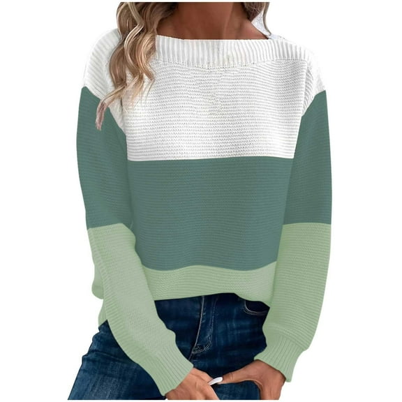 Tbopshirt Womens Sweaters,Fall Sweaters for Women,Knitted Sweater with Contrasting Color Splicing Round Neck Long Sleeved Pullover Top,Pullover Tops