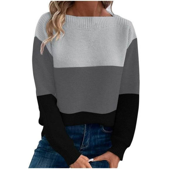 Tbopshirt Womens Sweaters,Fall Sweaters for Women,Knitted Sweater with Contrasting Color Splicing Round Neck Long Sleeved Pullover Top,Pullover Tops
