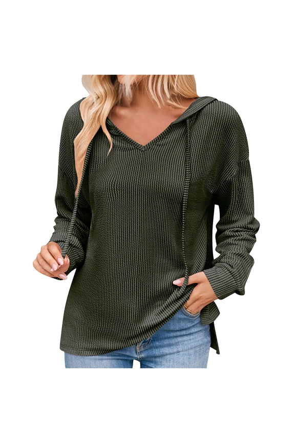 Womens Sweaters with Hood,Fall Sweaters for Women,Wave Striped V-neck Loose Casual Long Sleeved Knitted Hooded Sweatshirt