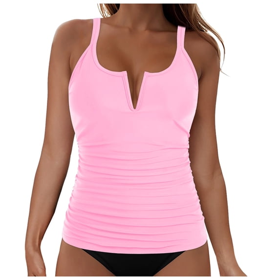Tbopshirt Womens Tankini Swimsuits Tops Bikini with Bra Summer V-Neck Solid Color Tummy Control Bathing Suits