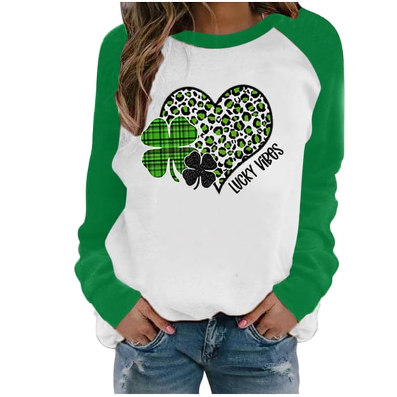 Tbopshirt Womens Top,Womens Clothes,Fashion Women's Spring Patchwork St Patricks Day Printed Long Sleeves Round Neck Casual Tee Tops,St. Patrick'S Day Shirts for Women