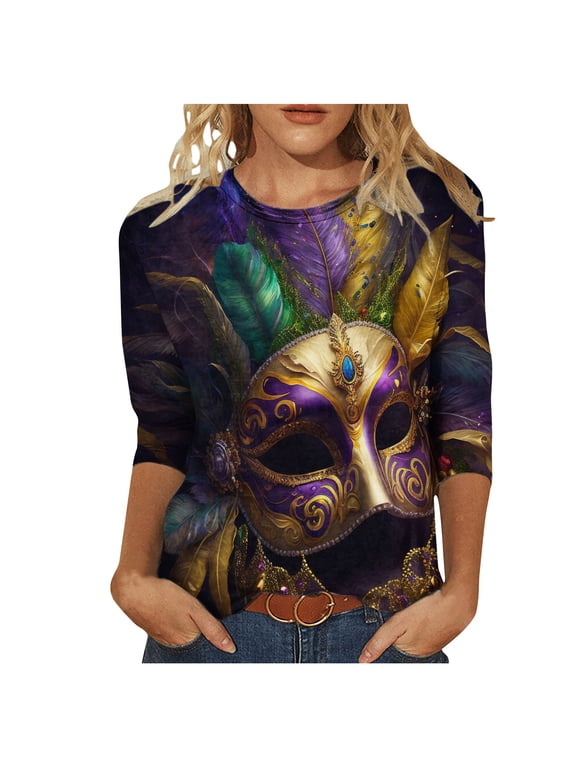 Womens Tops,Mardi Gras Clothing,Fashion Printing Casual Round-Neck Stitching 3/4 Sleeve T-shirt Blouse,Tops for Women's
