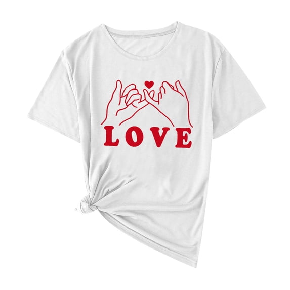Tbopshirt Womens Tops Short Sleeve Graphic Casual Fashion Valentine's Day Love Heart Print Crew Neck T-Shirts Summer Pullover White,L