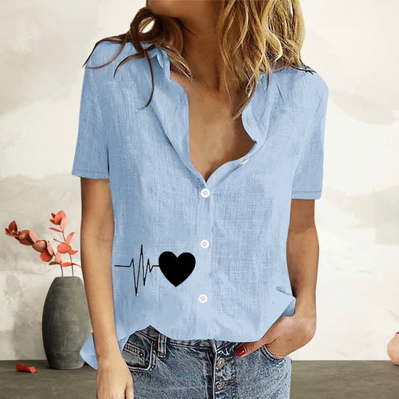 Tbopshirt Womens Tops,Women Printed Short Sleeve Loose Button Turndown Collar Shirt Solid Blouse Tops
