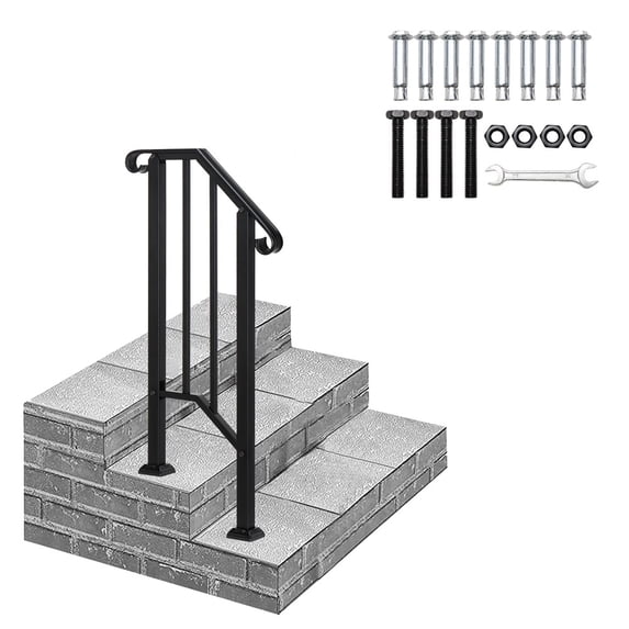 Tcbosik 1 to 2 Steps Outdoor Stair Railing, Metal Handrails for Outdoor Step Outdoor Railing, Easy to Install, Black