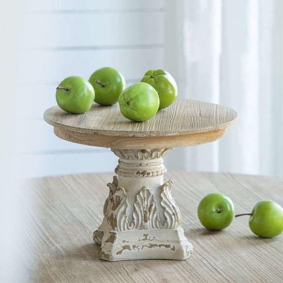 Tcbosik 10.5" Vintage Wood Cake Plate Stand with Magnesium Base, Dessert Display Riser Stand for Wedding Table Hand Carved Rustic Circle Display, Cream+Brown