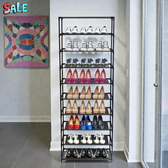 Tcbosik 10-Tier Non-Woven Fabric Shoe Rack w/ Black Metal Frame, Holds 30 Pairs, Space-Saving Entryway or Closet Organizer - 24.5"L x 12"W x 60"H