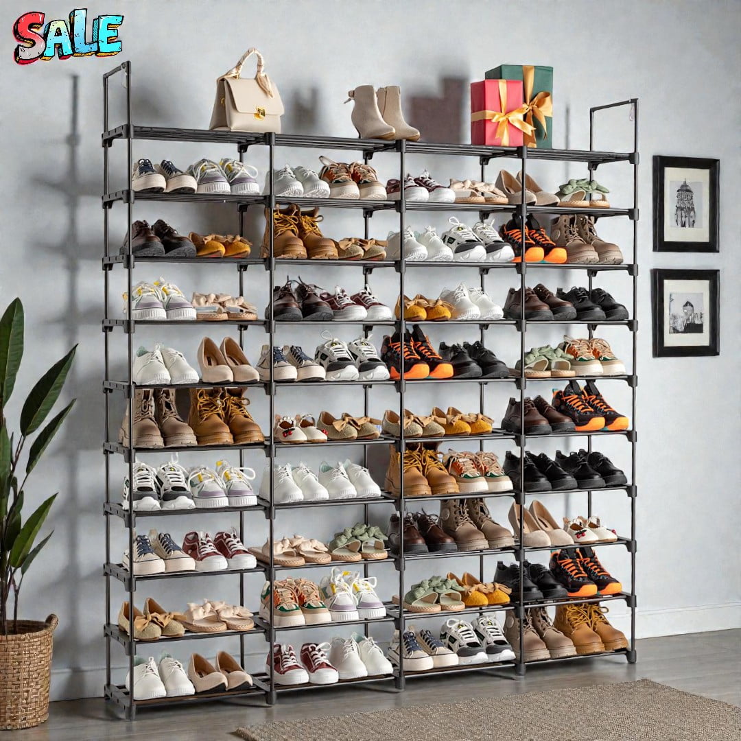 Tcbosik 10-Tier Shoe Rack, 67" Wide Large Capacity Organizer Holds 70+ Pairs, with Hooks for Bags & Hats, Metal Frame for Closet or Entryway, Black