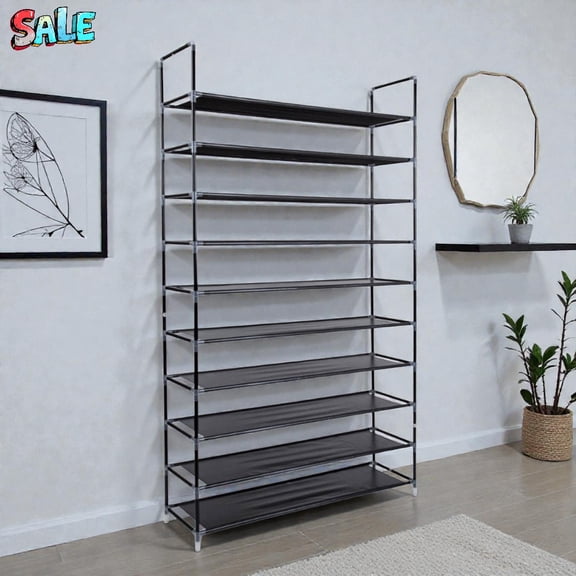 Tcbosik 10-Tier Shoe Rack with Handle- Holds Up to 50 Pairs, Lightweight and Easy to Move, 71" Tall Storage for Seasonal Shoes, Black
