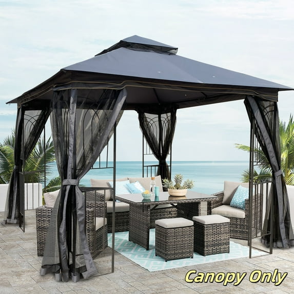 Tcbosik 10' x 10' Outdoor Gazebo, Double Roof Canopy Tent with Mosquito Netting, Party Sunshade with Metal Frame for Patio, Deck, Backyard, Gray