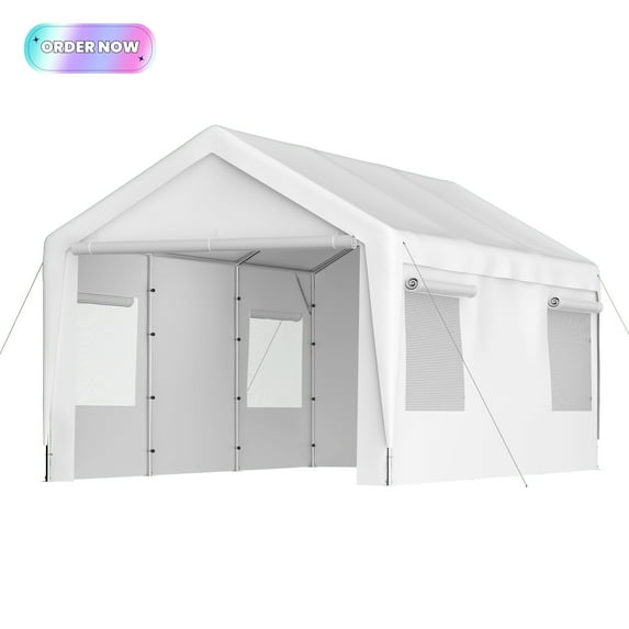 Tcbosik 10' x 20' Carport, Heavy Duty Car Canopy, Portable Tent with Roll-up Ventilated Windows, Removable Sidewall & Doors for Outdoor, Backyard, Garden, White