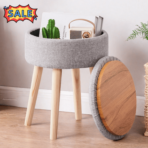 Tcbosik 12.6 inch Round Upholstered Footstool with Storage, Modern Ottoman with Tray Lid and Wood Legs, Multifunctional Footrest for Living Room, Bedroom, Hallway, Grey