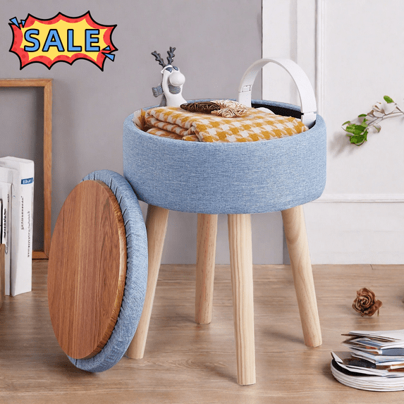 Tcbosik 12.6 inch Storage Ottoman with Tray Lid, Upholstered Linen Fabric Footstool with Wood Legs, Foot Rest for Living Room, Bedroom, Hallway, Space Saving, Blue